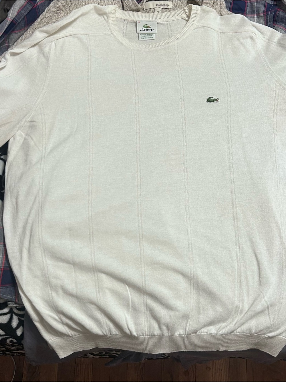 Lacoste Men’s White Crewneck Long Sleeve Sweater with Green Crocodile Logo